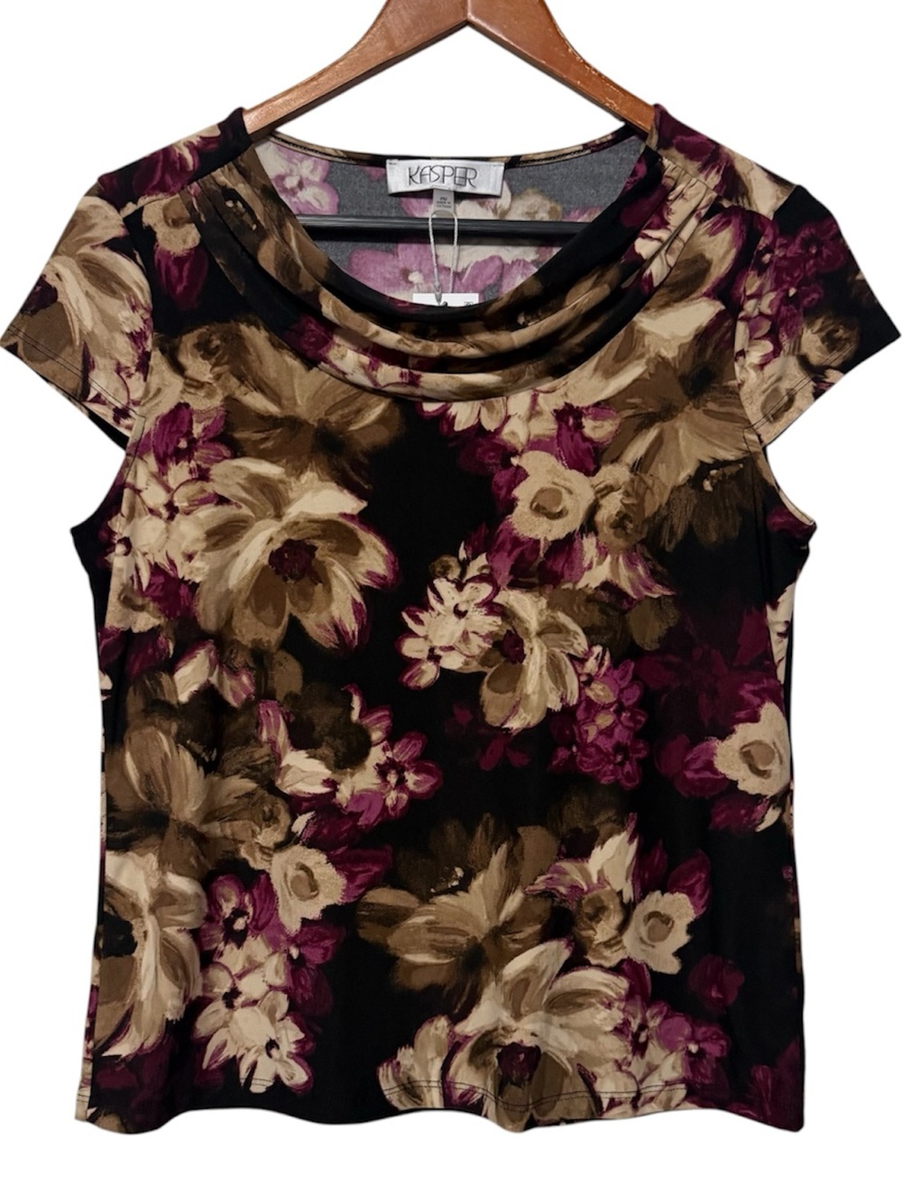 Kasper Cowl Neck Floral Print Cap Sleeve Blouse Women’s Petite Medium NWT